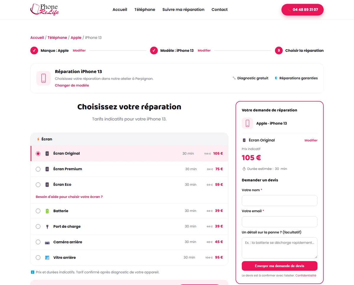 Page de tarifs d'un modèle de téléphone sur le site de démonstration