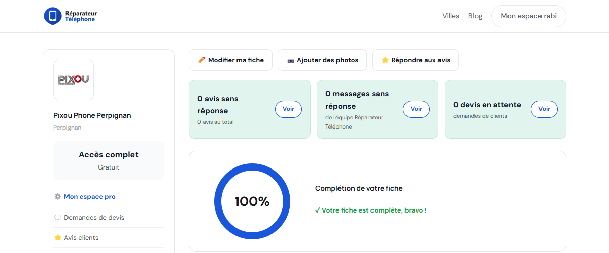 Aperçu du tableau de bord de l'espace pro Réparateur Téléphone