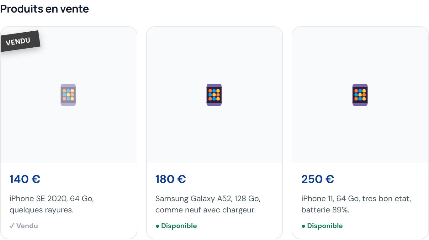 Aperçu de la section Produits en vente sur une fiche publique