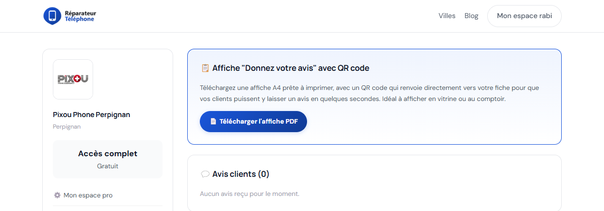 Aperçu de la génération d'affiche QR code pour les avis